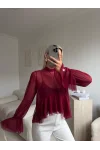 Tül Volanlı Tasarım Bluz - BORDO