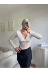 Uzun Kollu Dantel Bodysuit - BEYAZ