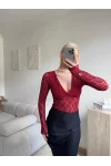 Uzun Kollu Dantel Bodysuit - BORDO