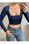 Yan Büzgü Kare Yaka Crop - LACİVERT