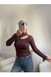 Yarım Balıkçı Omuz Damla Bluz - KAHVE