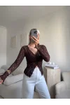Yırtmaç Detay Dantel Crop - KAHVE