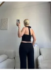 Siyah Halter Yaka Crop & Palazzo Takım