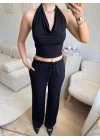 Siyah Halter Yaka Crop & Palazzo Takım