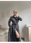 Ekose Kuşaklı Gömlek Elbise - GRİ