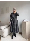 Ekose Kuşaklı Gömlek Elbise - GRİ