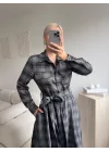 Ekose Kuşaklı Gömlek Elbise - GRİ