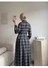 Ekose Kuşaklı Gömlek Elbise - GRİ