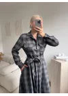 Ekose Kuşaklı Gömlek Elbise - GRİ