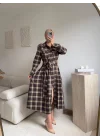 Ekose Kuşaklı Gömlek Elbise - KAHVE