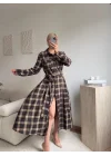 Ekose Kuşaklı Gömlek Elbise - KAHVE