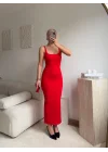 Askılı Kare Yaka Vücuda Oturan Midi Elbise - KIRMIZI
