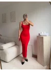 Askılı Kare Yaka Vücuda Oturan Midi Elbise - KIRMIZI