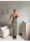 Askılı Kare Yaka Vücuda Oturan Midi Elbise - YEŞİL