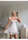 Sırt Dekolteli Bağlamalı Dantel Mini Elbise - BEYAZ