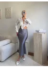 Yüksek Bel Saten Midi Etek - GRİ