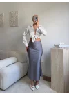 Yüksek Bel Saten Midi Etek - GRİ