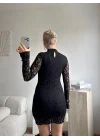 Uzun Kol Yüksek Yaka Dantel Mini Elbise - SİYAH