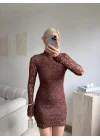 Uzun Kol Yüksek Yaka Dantel Mini Elbise - KAHVE