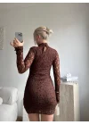 Uzun Kol Yüksek Yaka Dantel Mini Elbise - KAHVE