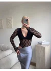 Uzun Kollu Dantel Bodysuit - SİYAH