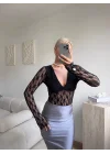 Uzun Kollu Dantel Bodysuit - SİYAH