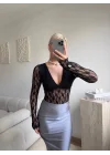 Uzun Kollu Dantel Bodysuit - SİYAH