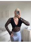 Uzun Kollu Dantel Bodysuit - SİYAH