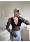 Uzun Kollu Dantel Bodysuit - SİYAH