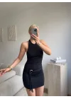 Halter Yaka Sırt Dekolteli Mini Elbise - SİYAH