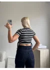 Çizgili Yanları Bağcıklı Fitilli Crop Tişört