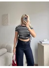 Çizgili Yanları Bağcıklı Fitilli Crop Tişört