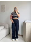 Çizgili Yanları Bağcıklı Fitilli Crop Tişört