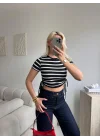 Çizgili Yanları Bağcıklı Fitilli Crop Tişört