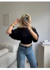 Yarasa Kol Kayık Yaka Dökümlü Crop Bluz - SİYAH