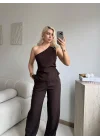 Çizgili Tek Omuz Bluz Pantolon Takım- KAHVE