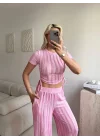 Yan Büzgü Pantolon Takım - PEMBE