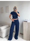 Yan Büzgü Pantolon Takım - LACİVERT
