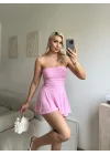Straplez Volanlı Şortlu Elbise - PEMBE
