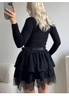 Dantel Detay Kemerli Etek - SİYAH