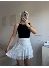 Dantel Volanlı Mini Etek - BEYAZ