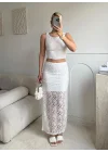 Dantel Crop Üst Transparan Uzun Etek Takım - BEYAZ