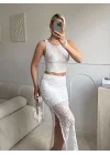 Dantel Crop Üst Transparan Uzun Etek Takım - BEYAZ