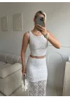 Dantel Crop Üst Transparan Uzun Etek Takım - BEYAZ