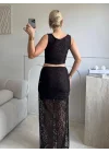 Dantel Crop Üst Transparan Uzun Etek Takım - KAHVE