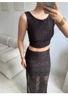Dantel Crop Üst Transparan Uzun Etek Takım - KAHVE