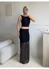 Dantel Crop Üst Transparan Uzun Etek Takım - SİYAH