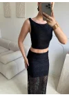 Dantel Crop Üst Transparan Uzun Etek Takım - SİYAH