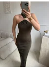 Halter Yaka Metal Aksesuar Detaylı Maxi Elbise - HAKİ
