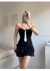 Kravat Detay Straplez Mini Elbise - SİYAH